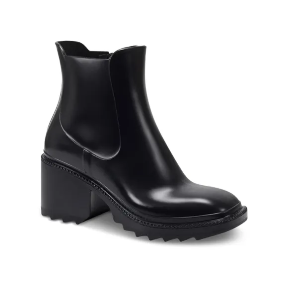 Black Waterproof Square Toe Block Heel Rain Boots 8