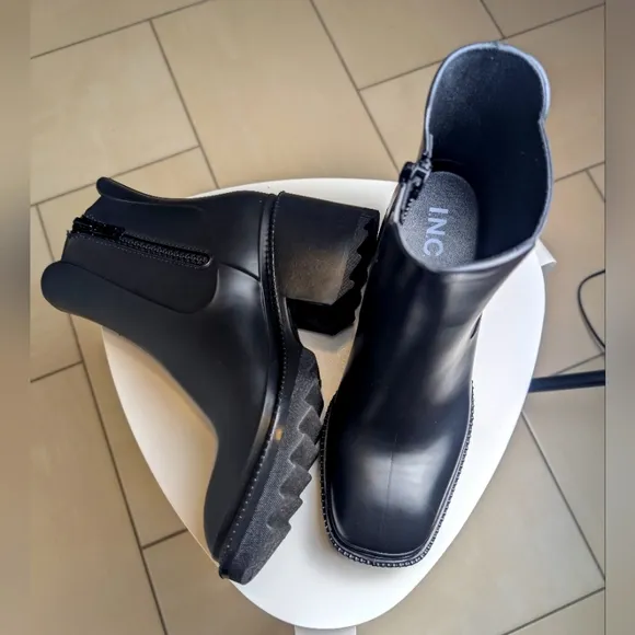 Black Waterproof Square Toe Block Heel Rain Boots 8