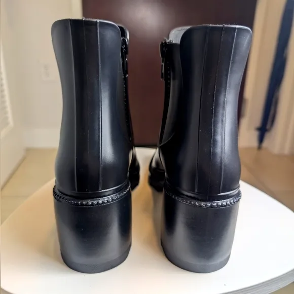 Black Waterproof Square Toe Block Heel Rain Boots 8