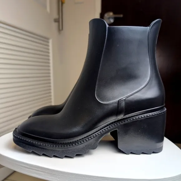 Black Waterproof Square Toe Block Heel Rain Boots 8