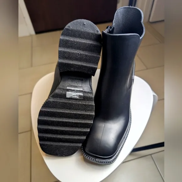 Black Waterproof Square Toe Block Heel Rain Boots 8