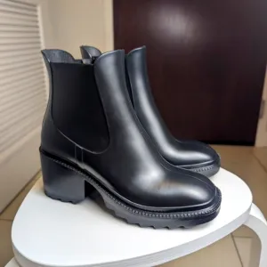 Black Waterproof Square Toe Block Heel Rain Boots 8