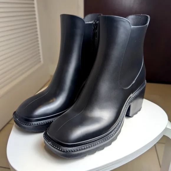 Black Waterproof Square Toe Block Heel Rain Boots 8