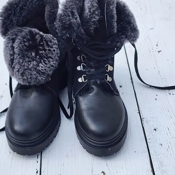 Blender Spain Made Womens Black Fur Lined Mid Calf Suede Boots US 6.5 / 37