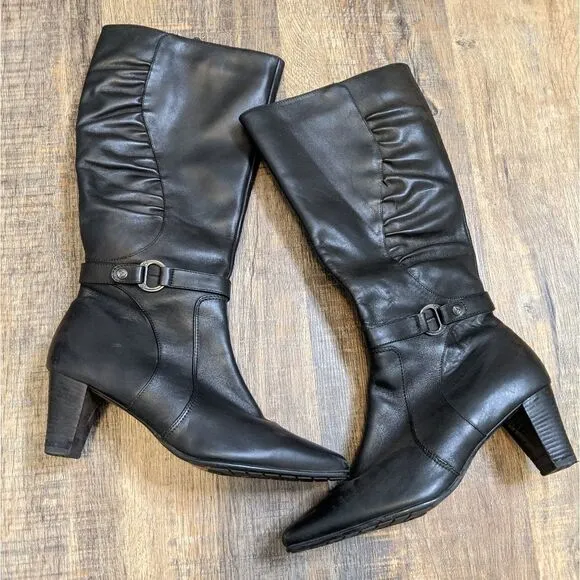 BLONDO black leather buckle heel tall Boots