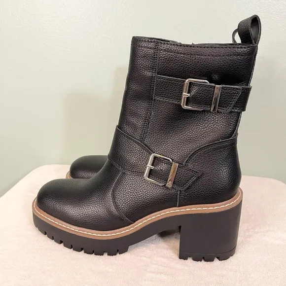 BLONDO Women Black Leather Block Heel Buckle Waterproof RENO Boots Size 8.5 NWT