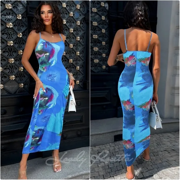Blue Printed Spaghetti Strap Dress
