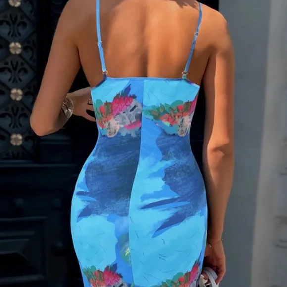 Blue Printed Spaghetti Strap Dress