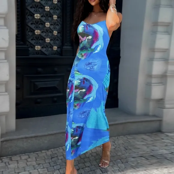 Blue Printed Spaghetti Strap Dress