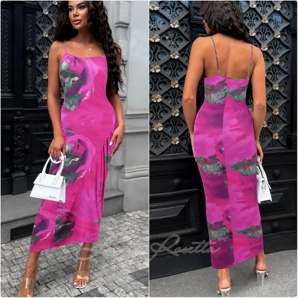 Blue Printed Spaghetti Strap Dress