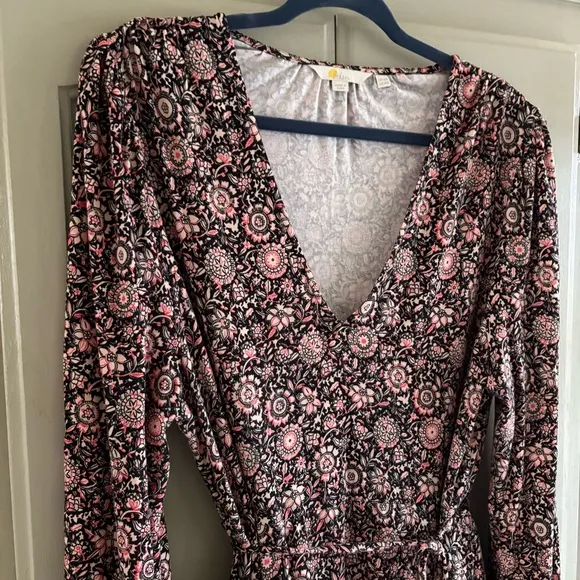 BODEN V-Neck Tiered Mini Jersey Dress | Popcorn, Floral Tapestry | US Size 14