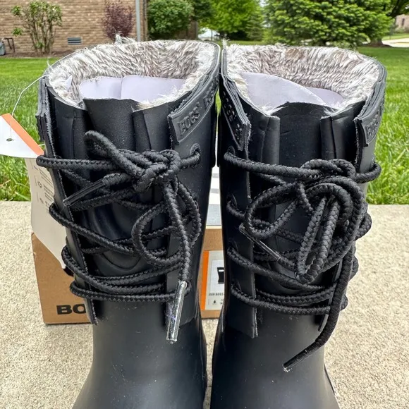 Bogs Amber Plush Lace Waterproof Winter Rain Boots Black Faux Fur Size 7