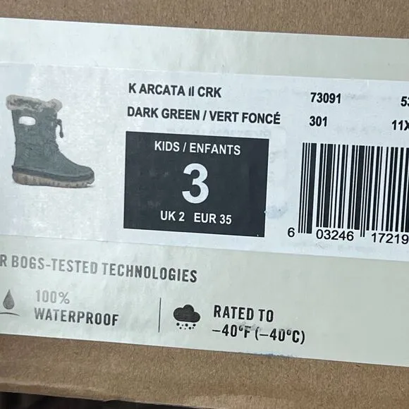 Bogs Arcata II Cracks Faux Fur Winter Boots 100% WP Dark Green Kids 3 NWB