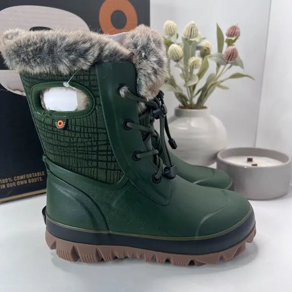 Bogs Arcata II Cracks Faux Fur Winter Boots 100% WP Dark Green Kids 3 NWB