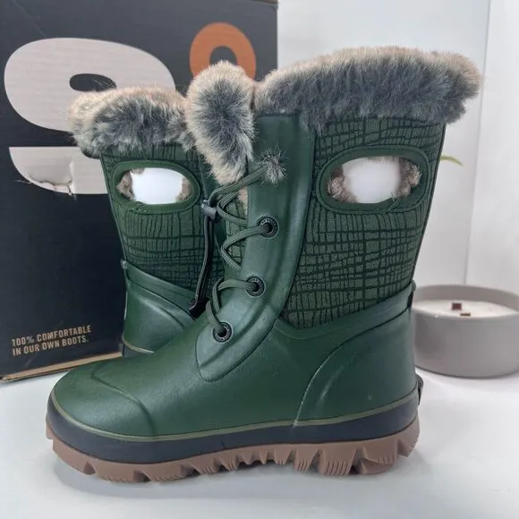 Bogs Arcata II Cracks Faux Fur Winter Boots 100% WP Dark Green Kids 3 NWB