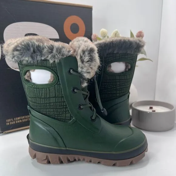 Bogs Arcata II Cracks Faux Fur Winter Boots 100% WP Dark Green Kids 3 NWB