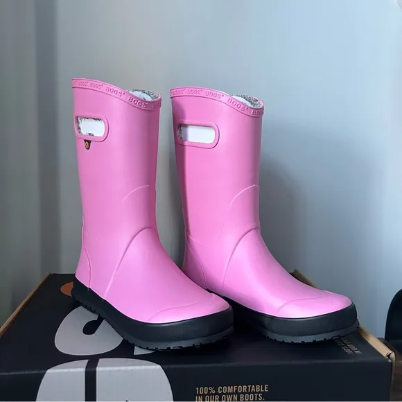 BOGS Bloom kids rubber boots plush lining with handle in pink rose size 4 NEW