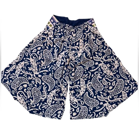 Bohemian Embroideted Blue and White Paisley Culotte
