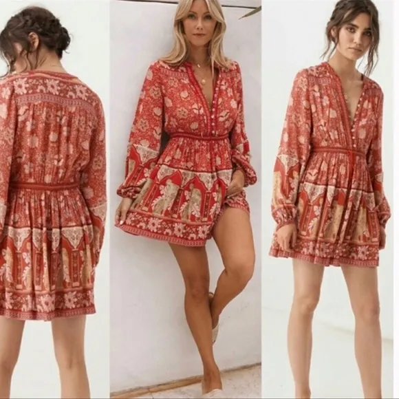 Boho Royal Poinciana Vintage Accent Tiger Bohemian Shift Dress In Cherry Mini