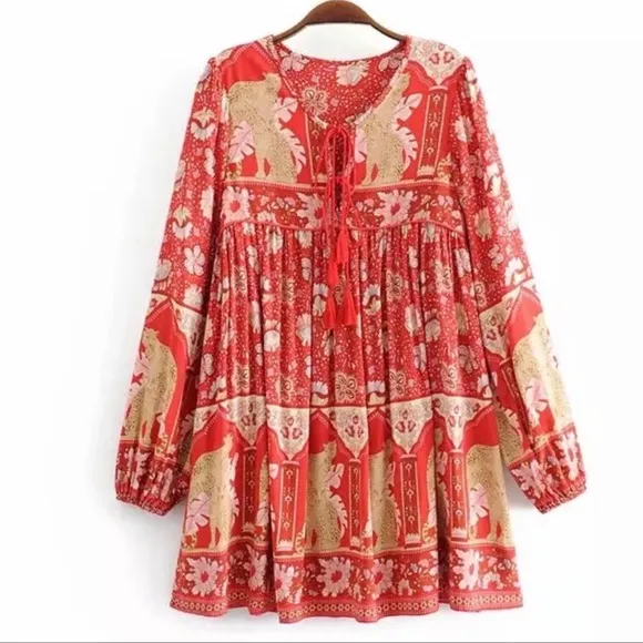 Boho Royal Poinciana Vintage Accent Tiger Bohemian Shift Dress In Cherry Mini