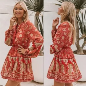 Boho Royal Poinciana Vintage Accent Tiger Bohemian Shift Dress In Cherry Mini