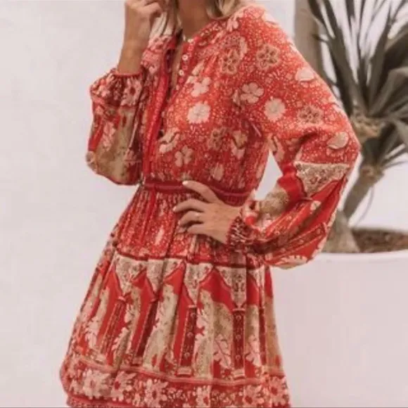 Boho Royal Poinciana Vintage Accent Tiger Bohemian Shift Dress In Cherry Mini