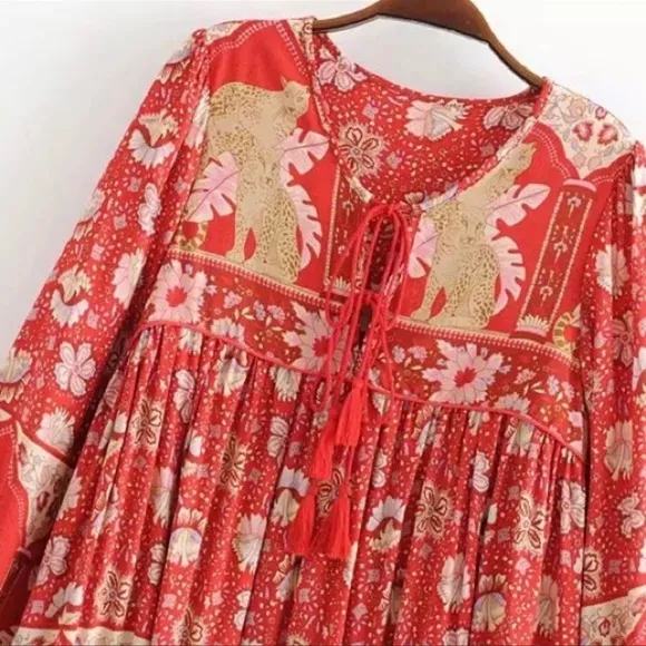 Boho Royal Poinciana Vintage Accent Tiger Bohemian Shift Dress In Cherry Mini