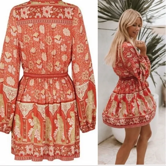 Boho Royal Poinciana Vintage Accent Tiger Bohemian Shift Dress In Cherry Mini