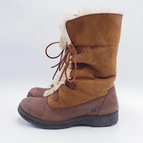 Born Womens Filo Lace-Up Leather Suede Mid-Calf Boots Shearling Lined Brown 9.5