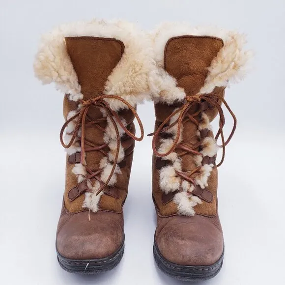 Born Womens Filo Lace-Up Leather Suede Mid-Calf Boots Shearling Lined Brown 9.5