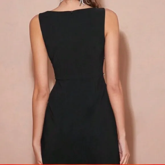bow detail rhinestone embellished black mini dress - thick fully lined material