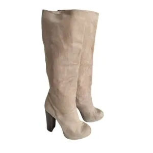 Brian Atwood Women's Sz 8.5 Natural Suede Leather High Stacked Heel Boots
