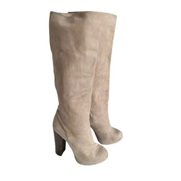 Brian Atwood Women's Sz 8.5 Natural Suede Leather High Stacked Heel Boots