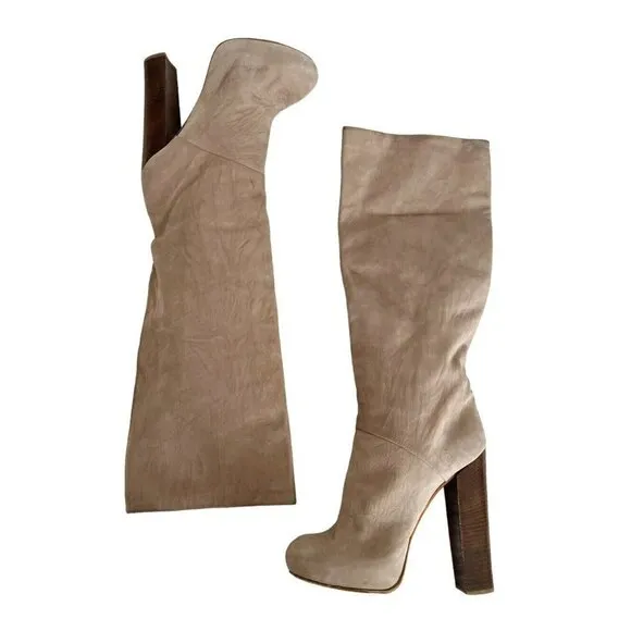 Brian Atwood Women's Sz 8.5 Natural Suede Leather High Stacked Heel Boots
