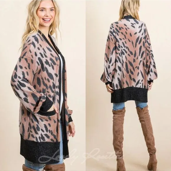 Brown Bubble Sleeve Animal Print Cardigan