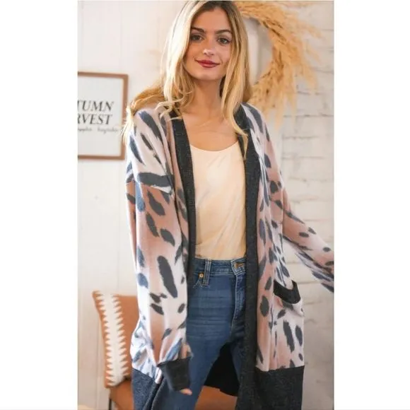 Brown Bubble Sleeve Animal Print Cardigan