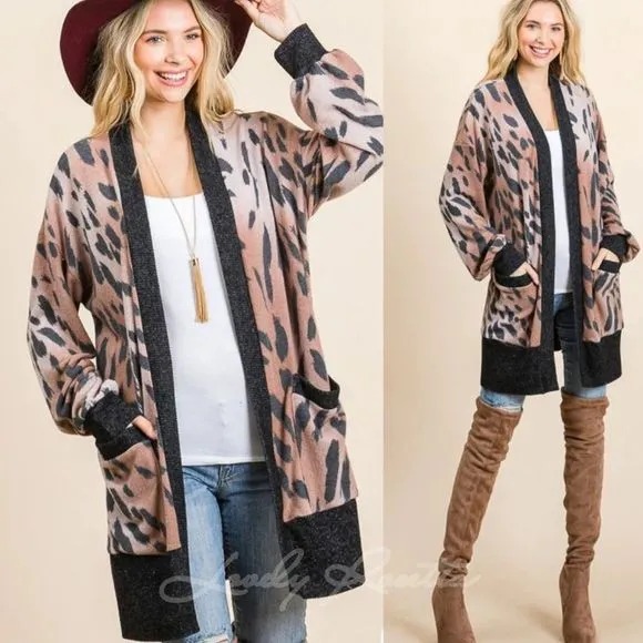 Brown Bubble Sleeve Animal Print Cardigan