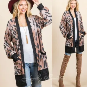 Brown Bubble Sleeve Animal Print Cardigan