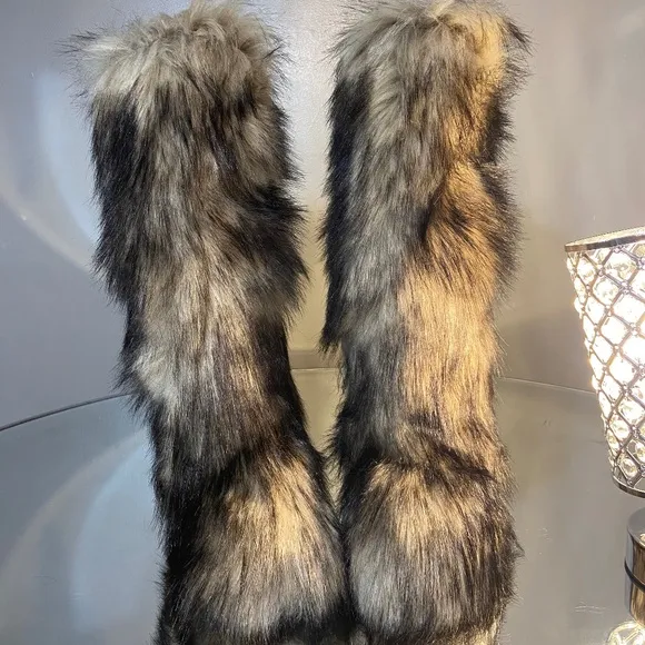 Brown faux fur knee boots