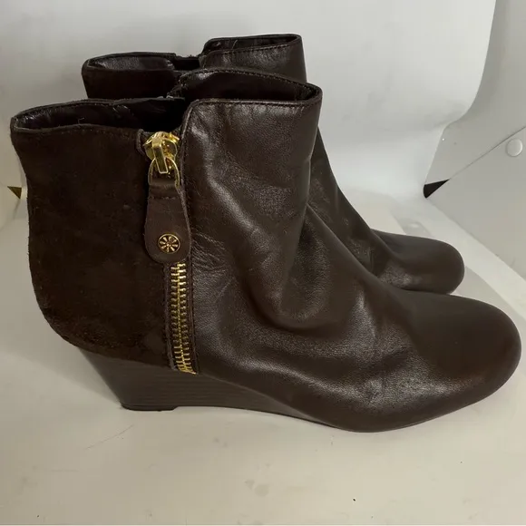 Brown Leather &amp; Suede double zip Ankle Boots wedge JL  size 6.5 Issac Mizrah