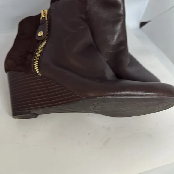 Brown Leather &amp; Suede double zip Ankle Boots wedge JL  size 6.5 Issac Mizrah
