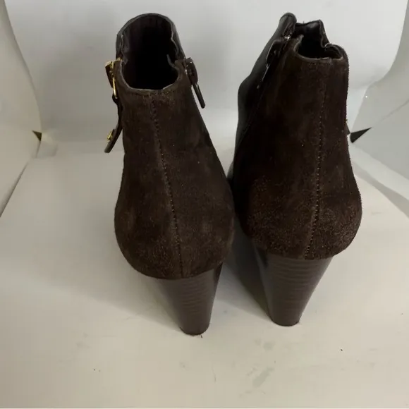 Brown Leather &amp; Suede double zip Ankle Boots wedge JL  size 6.5 Issac Mizrah