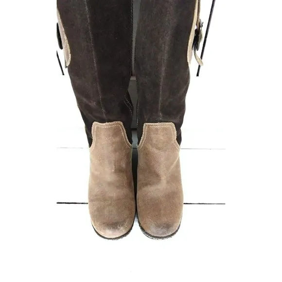 Brown tall suede leather wedge boots