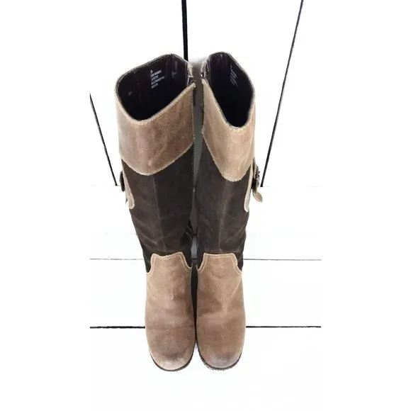 Brown tall suede leather wedge boots