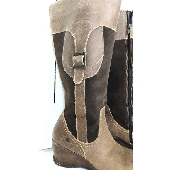 Brown tall suede leather wedge boots