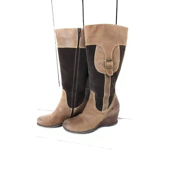 Brown tall suede leather wedge boots