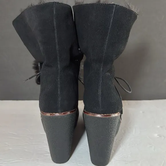 BUFFALO LONDON Black Fur-Lined Wedge Boots suede