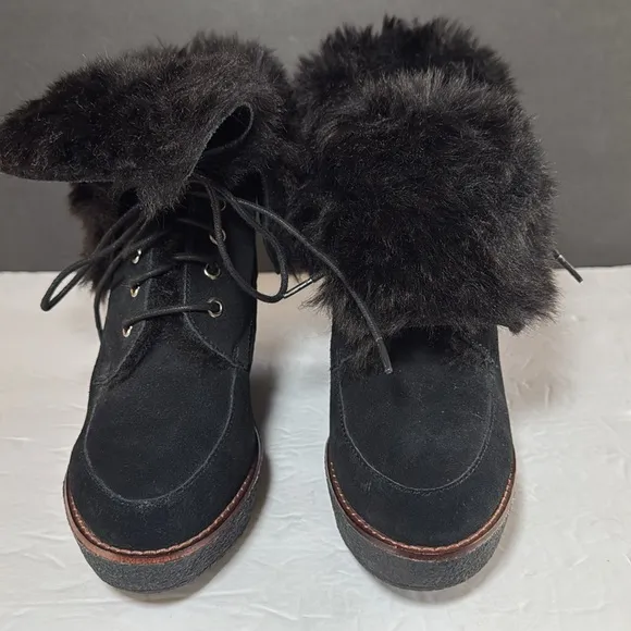 BUFFALO LONDON Black Fur-Lined Wedge Boots suede