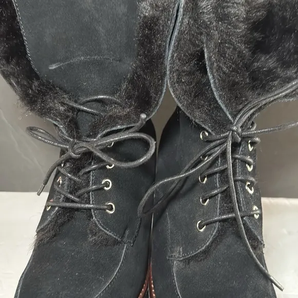 BUFFALO LONDON Black Fur-Lined Wedge Boots suede