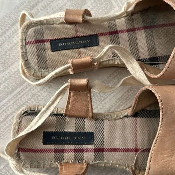 Burberry Women’s Shalicia Leather Ankle Espadrille Tan Tie Sandals
